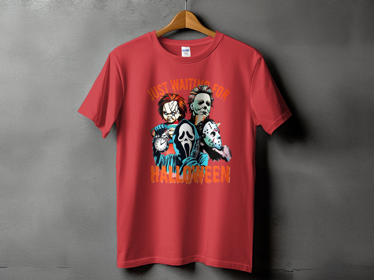 Red t-shirt with horror characters and "Just Waiting For Halloween" text.