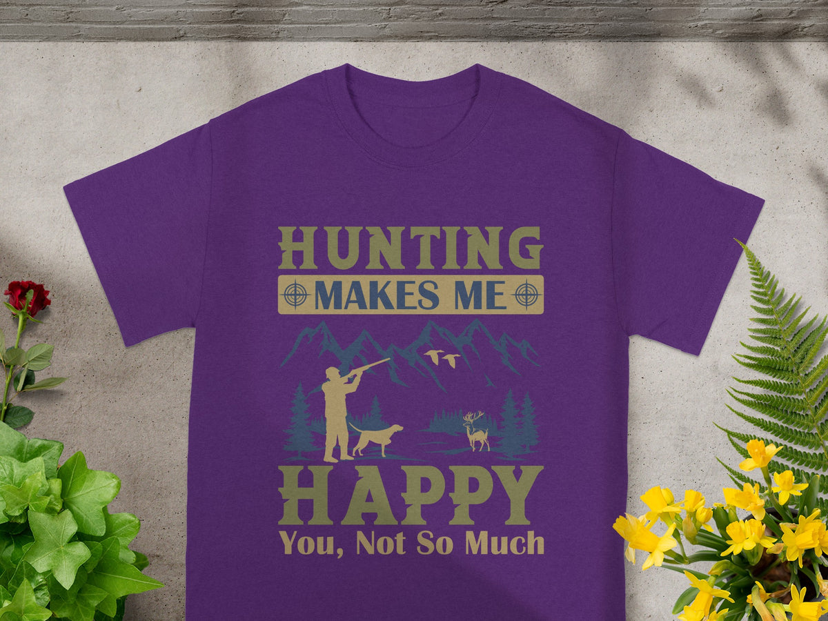 Purple t-shirt with "Hunting Makes Me Happy You, Not So Much" text and a hunting graphic.