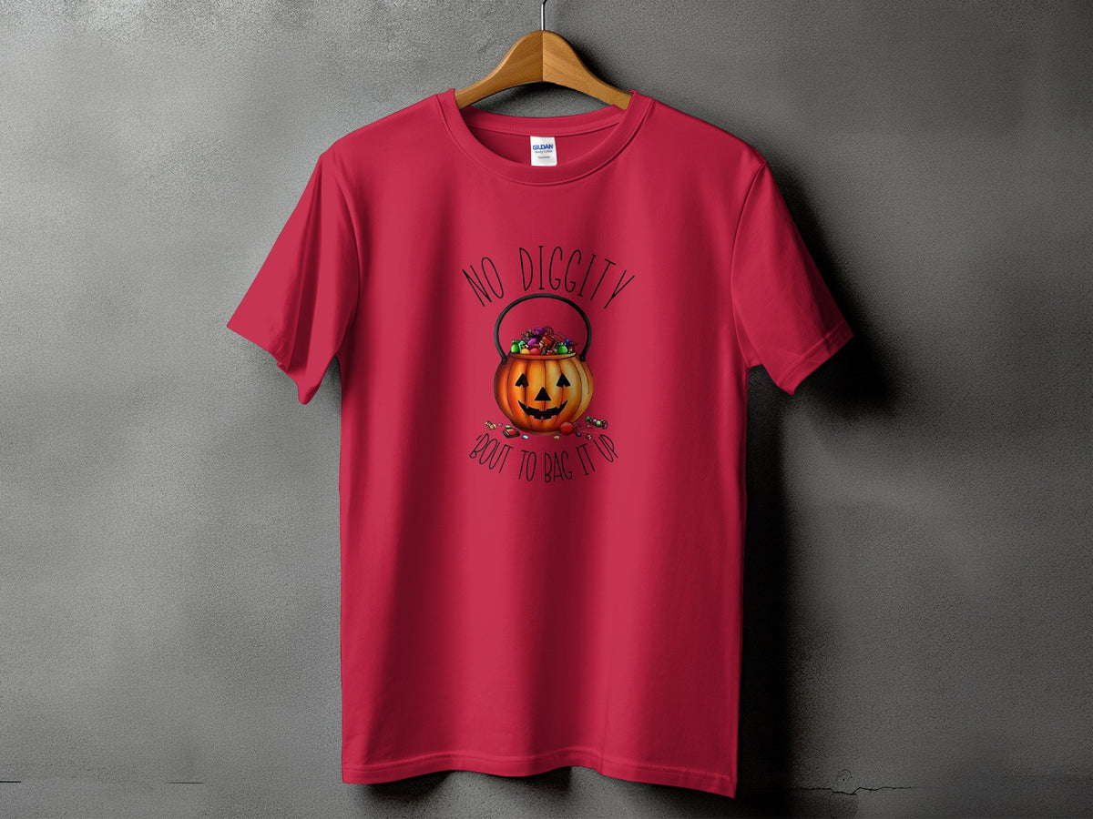 Red t-shirt with Halloween pumpkin graphic and text "No Diggity 'Bout To Bag It Up".