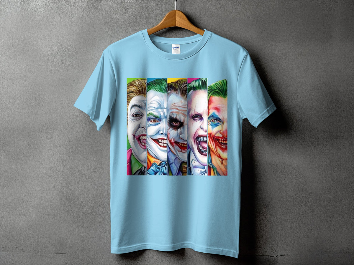 Light blue t-shirt with a graphic of five different Joker faces in vertical panels.