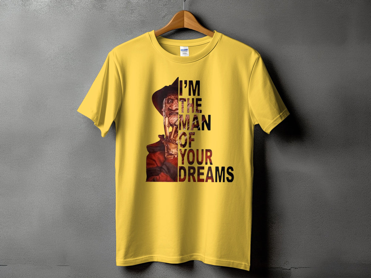 Yellow t-shirt with Freddy Krueger graphic and "I'M THE MAN OF YOUR DREAMS" text.