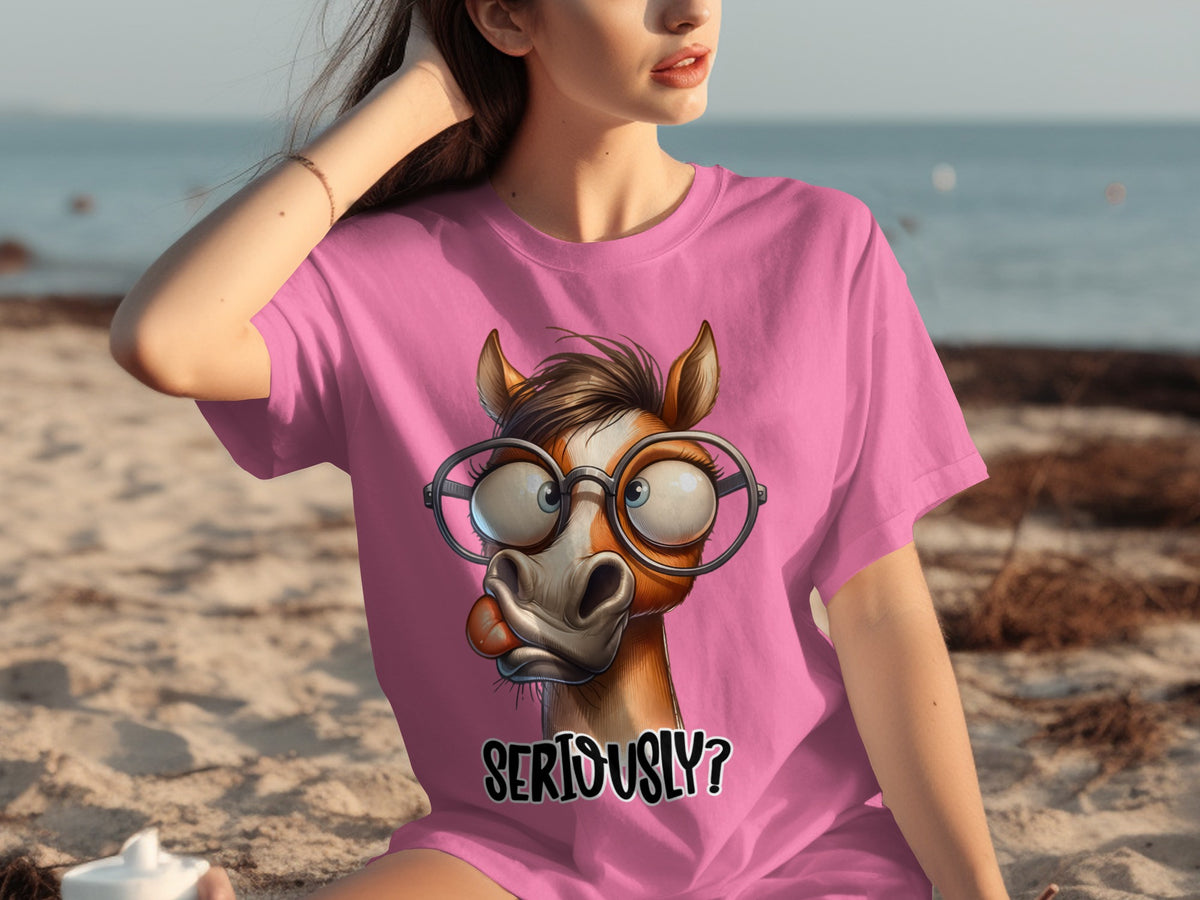 Quirky Horse with Glasses Seriously Pink Graphic Shirt