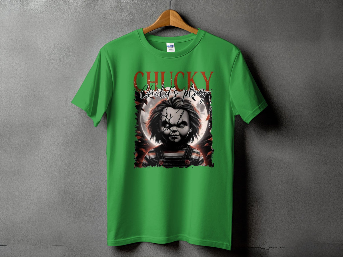 Green t-shirt with Chucky graphic and "Chucky Child's Play" text.