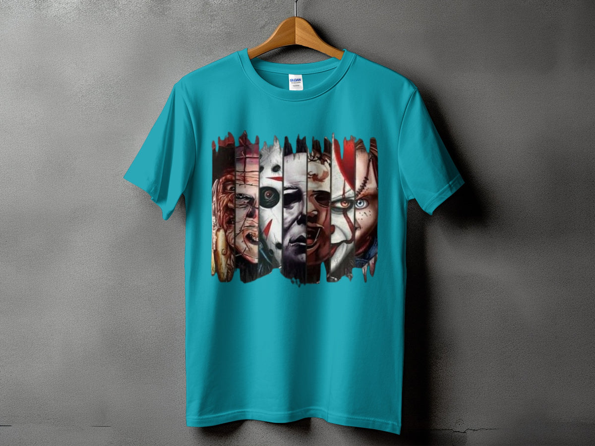 Teal t-shirt featuring a collage of horror movie villains' faces.
