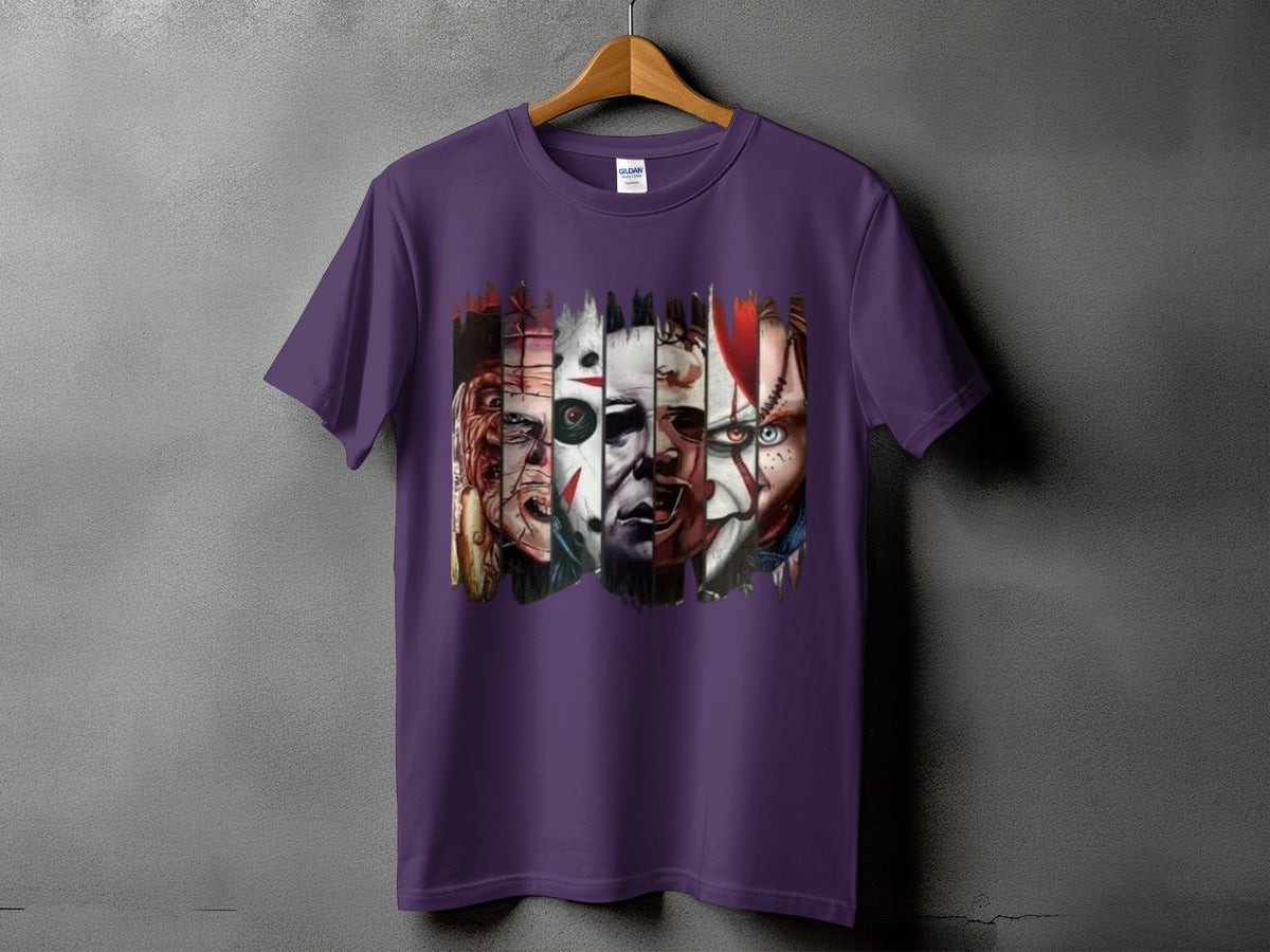 Purple t-shirt with a collage of horror movie villain faces.
