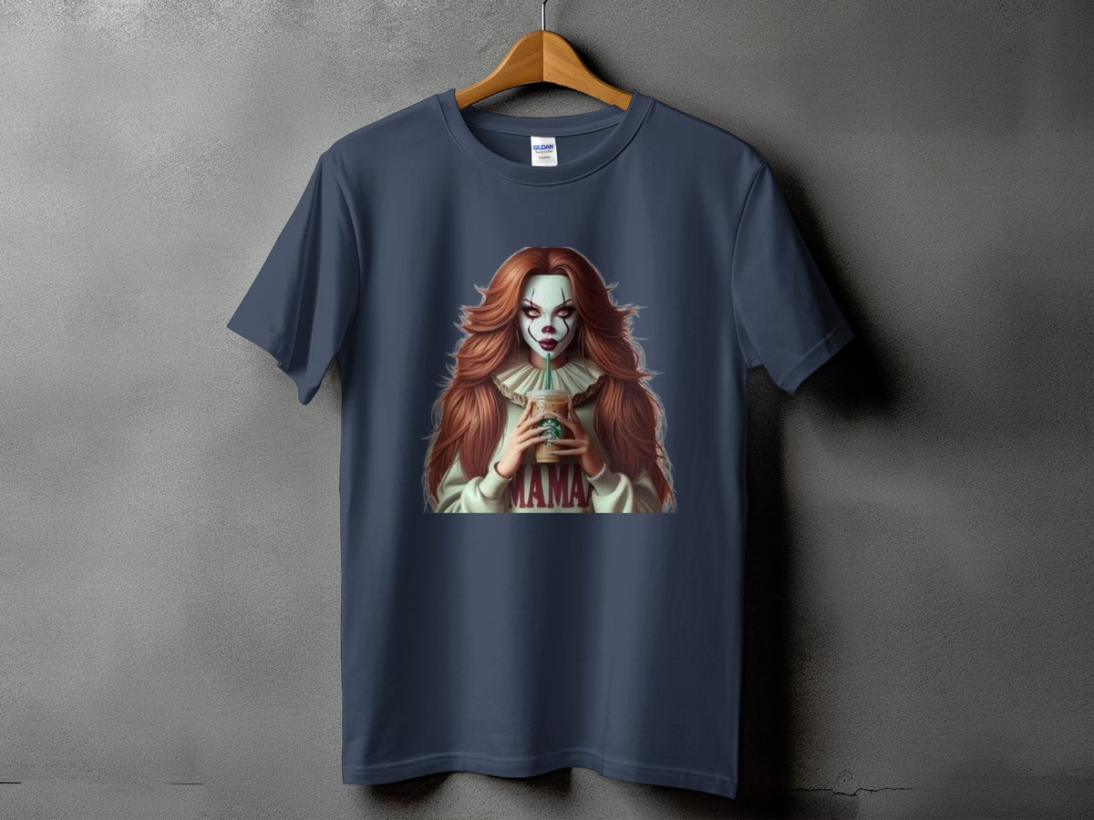 Dark blue t-shirt with graphic of a woman in clown makeup holding a coffee cup.