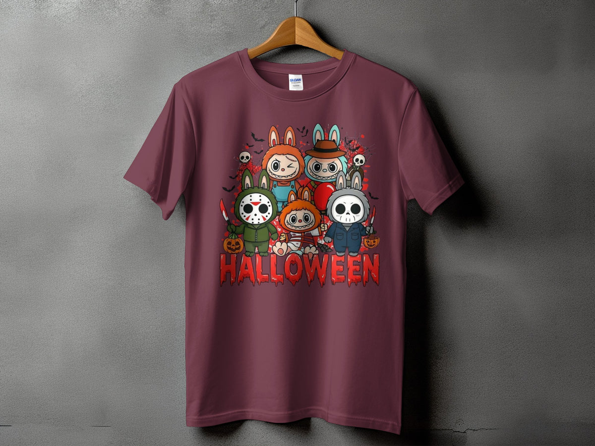 Halloween graphic with spooky characters and text on a burgundy t-shirt.