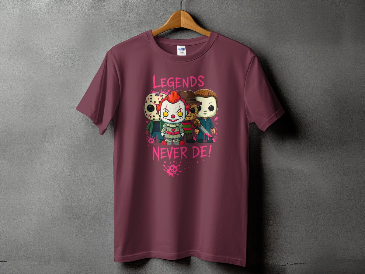Maroon t-shirt with cartoon horror characters and text "LEGENDS NEVER DE!"