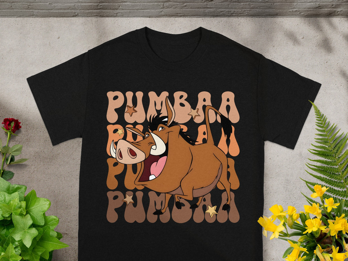 Black t-shirt with "PUMBAA" text in colorful, rounded letters and a cartoon warthog.
