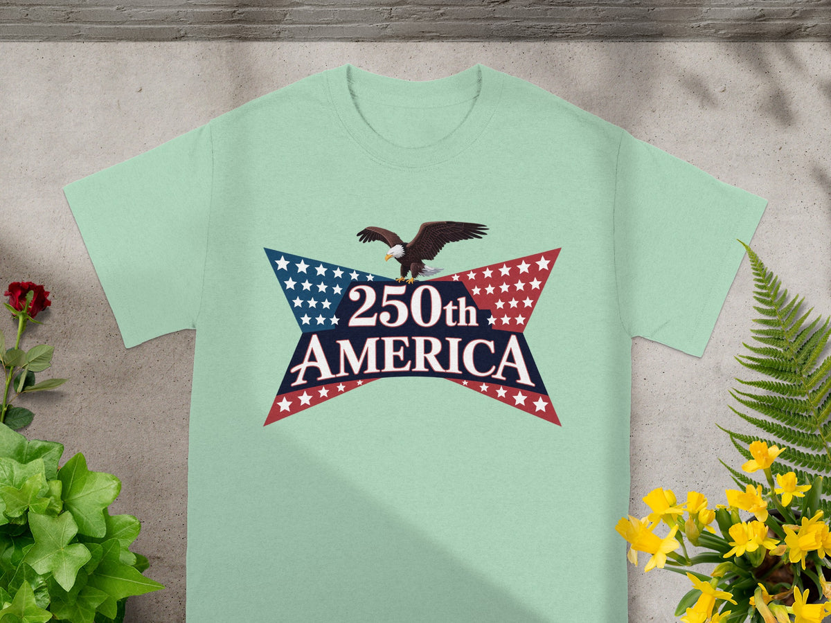Light mint t-shirt with patriotic 250th America eagle design.