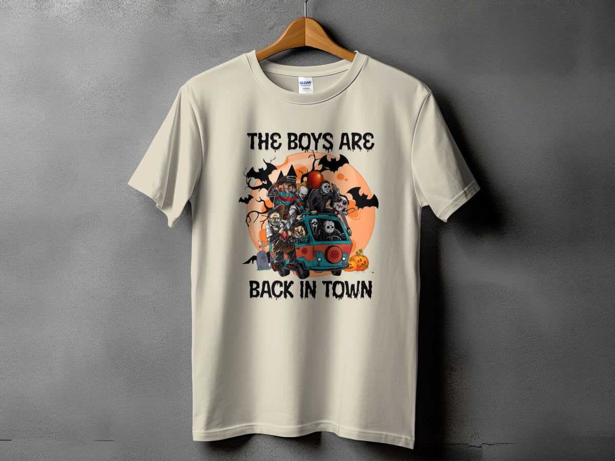 "The Boys Are Back In Town" text with horror characters in a van and bats.