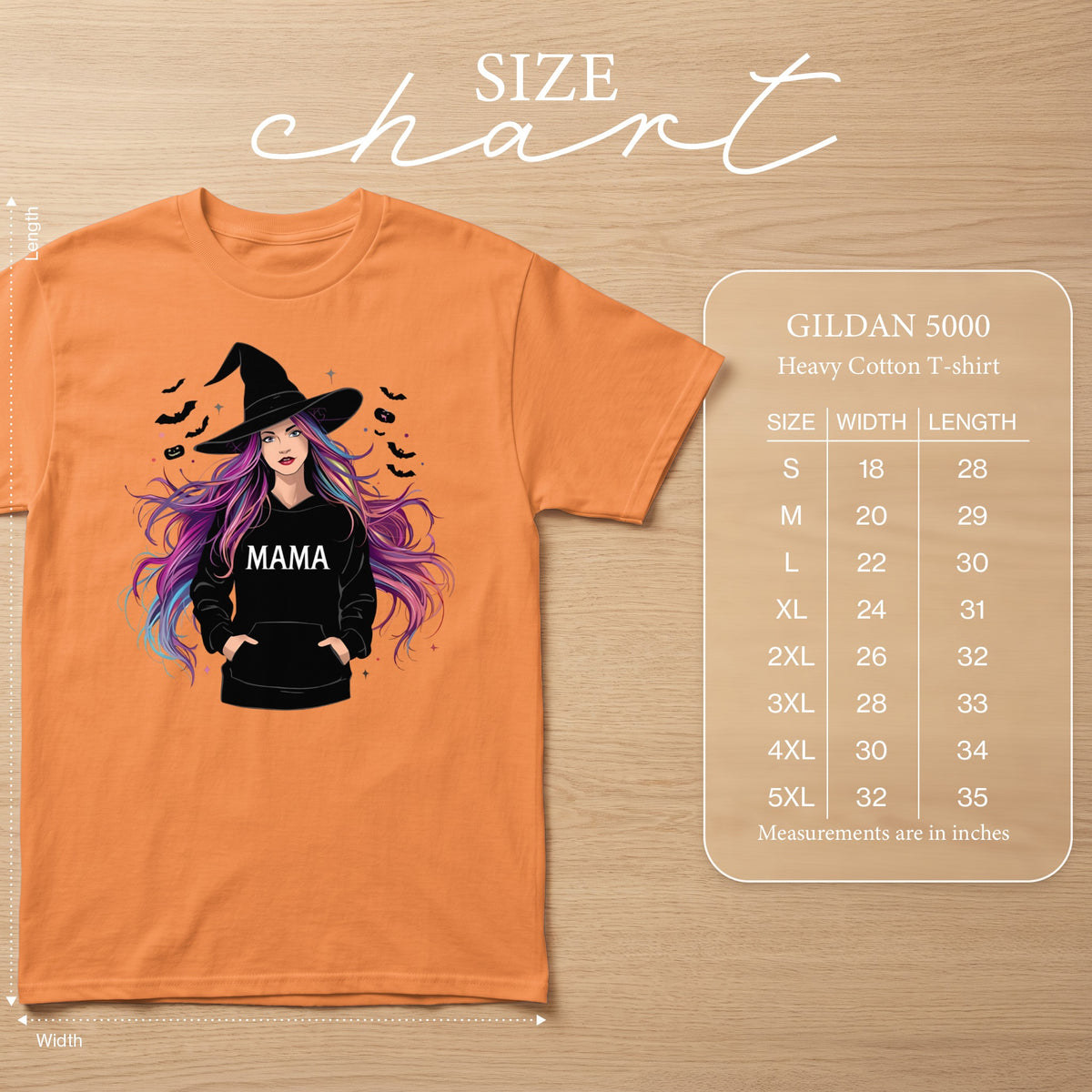Orange t-shirt with witch graphic and size chart.
