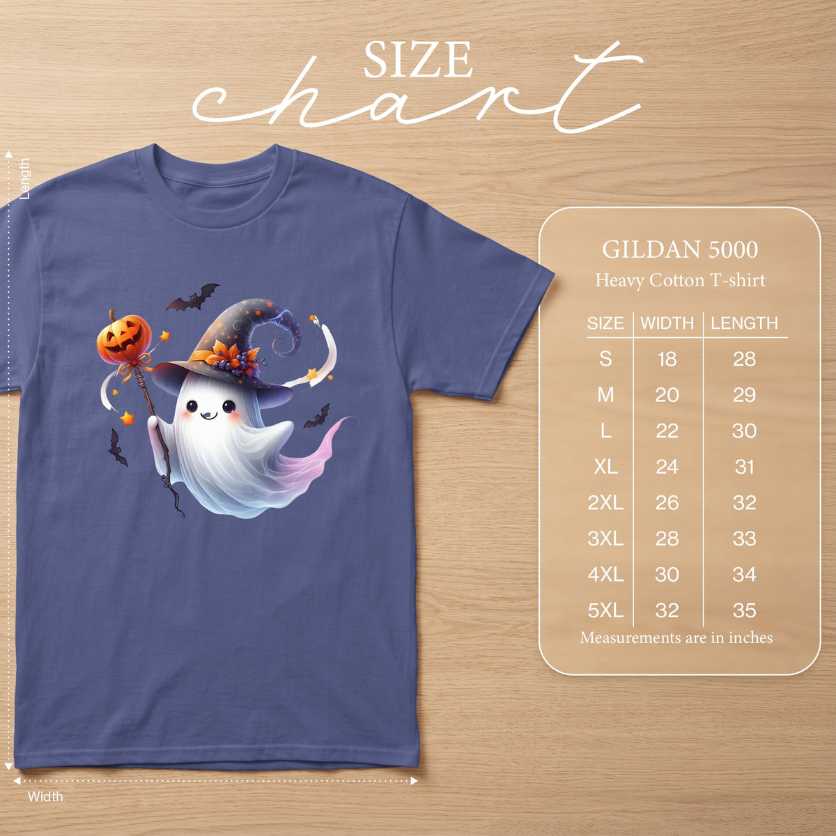 Gildan 5000 Heavy Cotton T-shirt with cute ghost graphic and size chart.