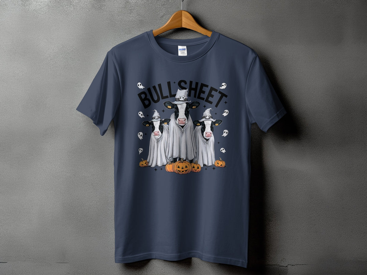 Three cows in ghost costumes with pumpkins and the text "BULL SHEET".