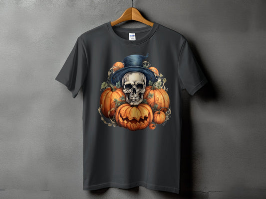 Skull wearing a hat surrounded by carved pumpkins on a dark gray t-shirt.