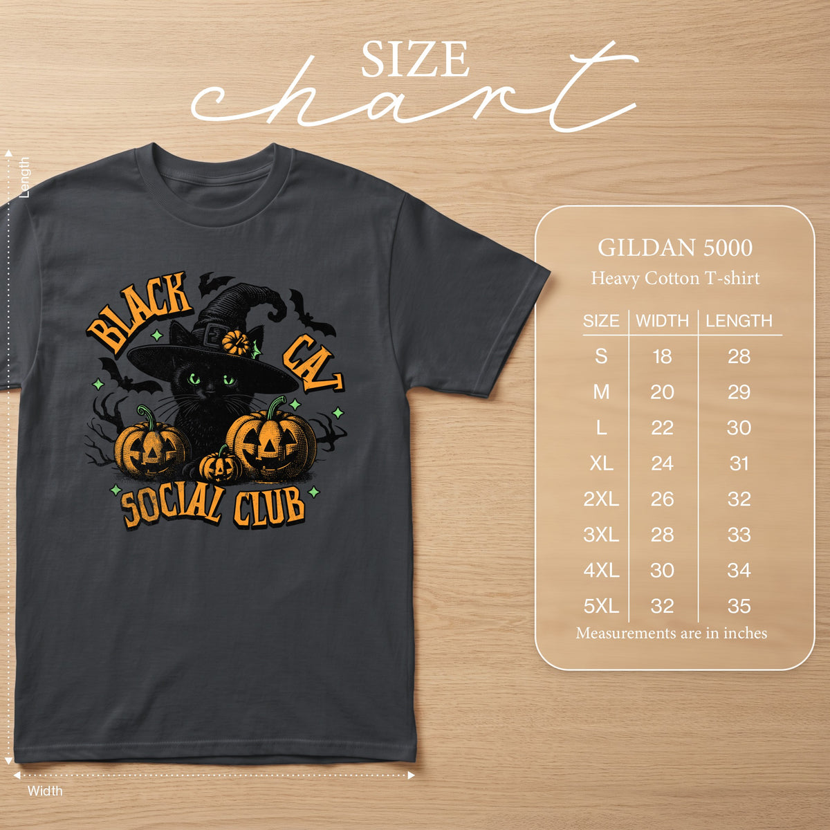 Dark grey t-shirt with Halloween black cat graphic and size chart.