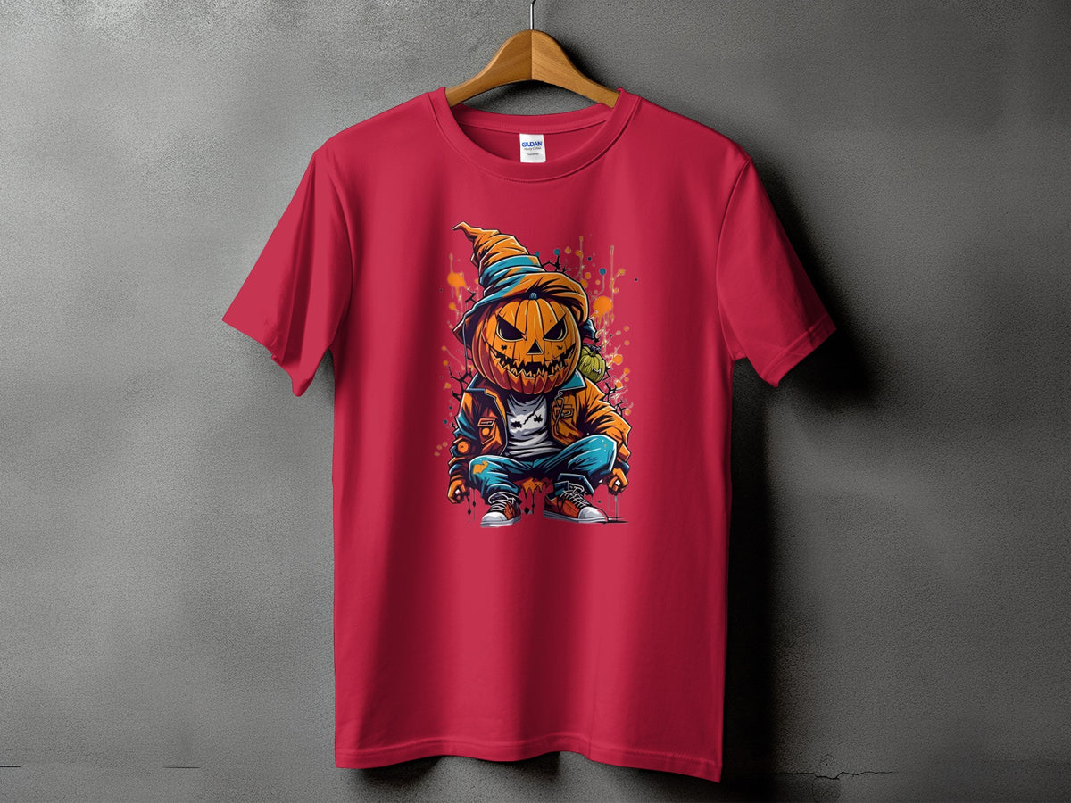 Red t-shirt with a cartoon pumpkin character wearing a hat and jacket.