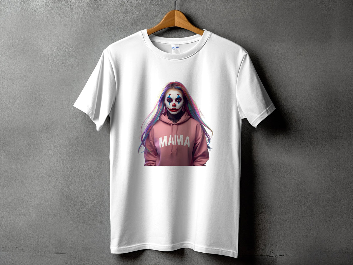 White t-shirt with pink hoodie graphic featuring clown makeup and "MAMA" text.