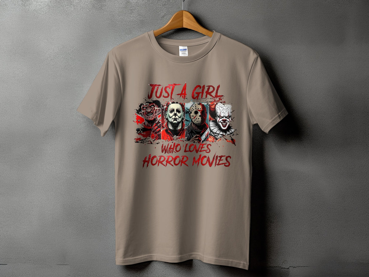 Tan t-shirt with horror movie characters and text "Just a girl who loves horror movies".