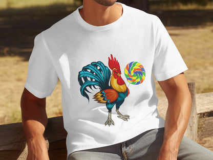 Colorful Rooster with Lollipop Graphic T-Shirt