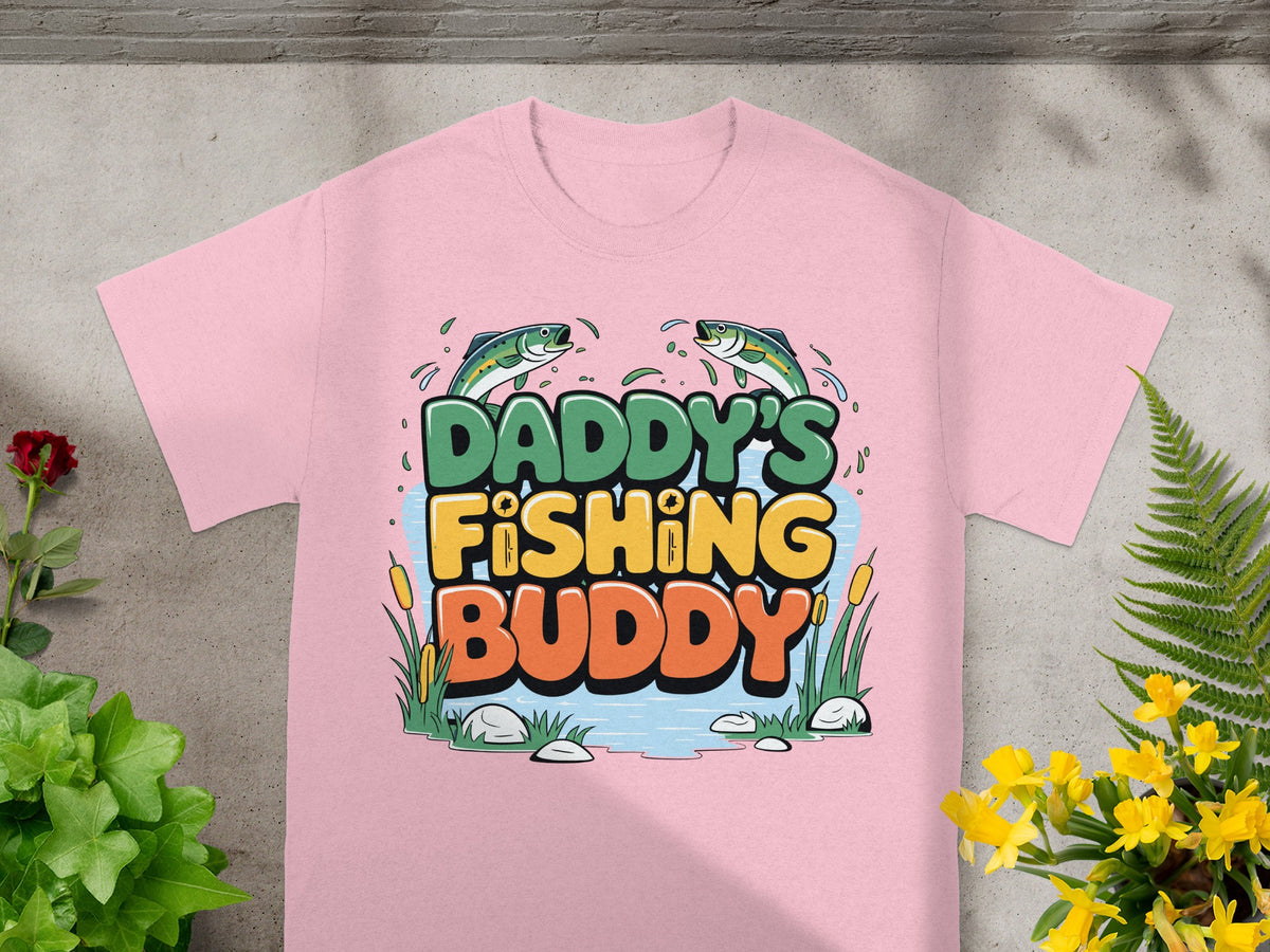 Pink t-shirt with "Daddy's Fishing Buddy" text and cartoon fish.