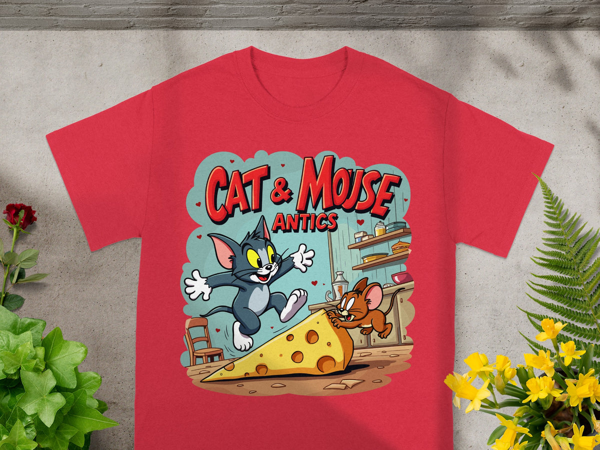 Red t-shirt with Cat & Mouse Antics graphic featuring cartoon cat chasing mouse with large cheese slice.