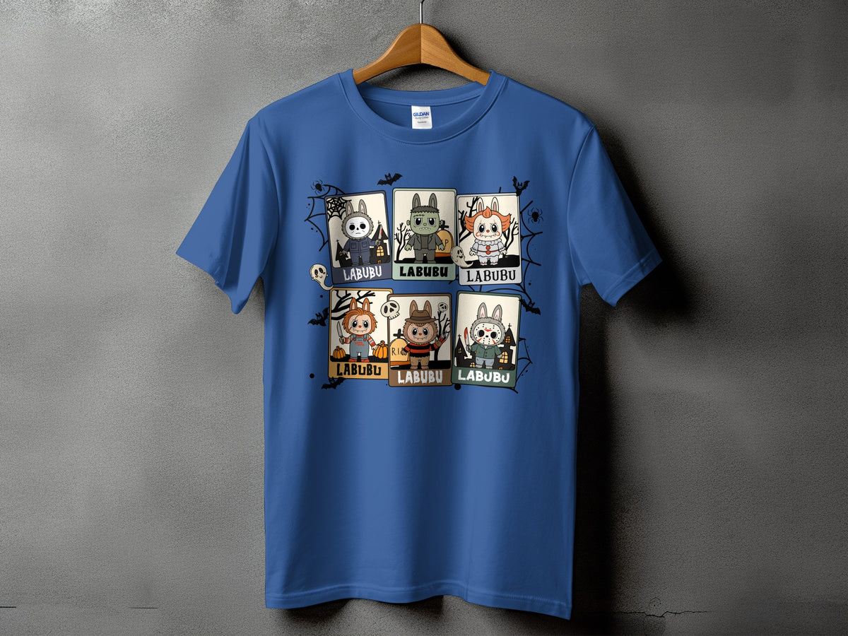 Blue t-shirt with six Halloween-themed cartoon characters, each in a framed box with "LABUBU" text.