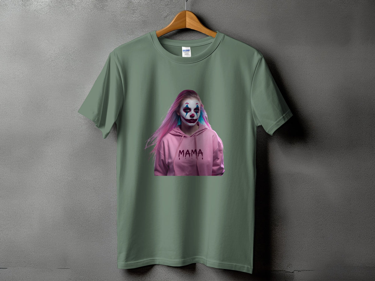 Green t-shirt with a printed image of a person in clown makeup and a pink hoodie with "MAMA" text.