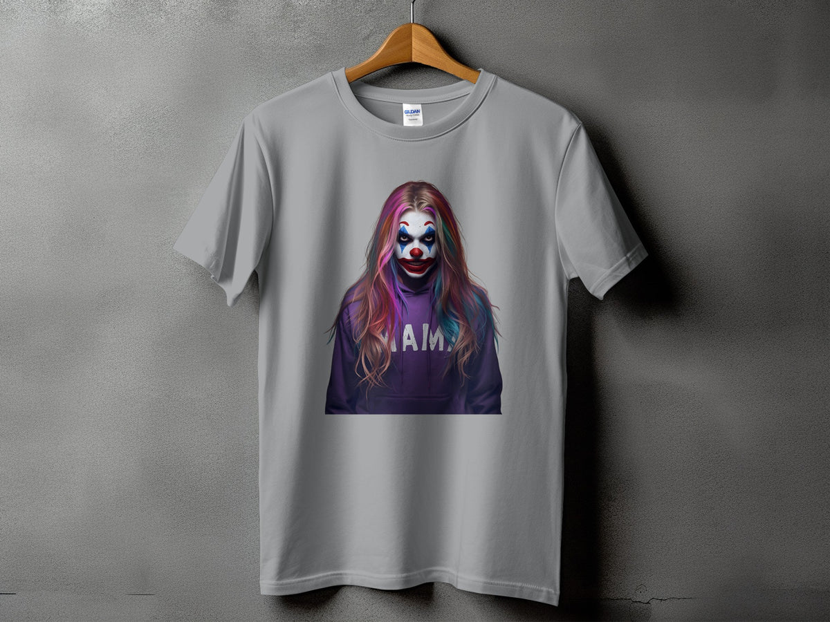 Grey t-shirt with a clown design and "MAIM" text.