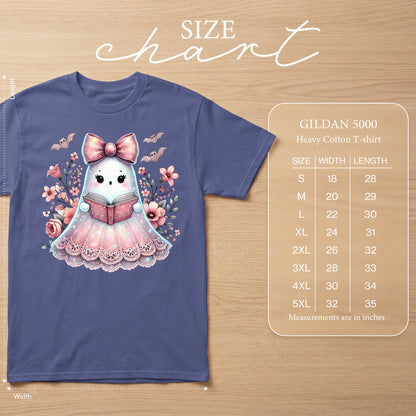 Ghost reading a book with bats and flowers, Gildan 5000 Heavy Cotton T-shirt size chart.
