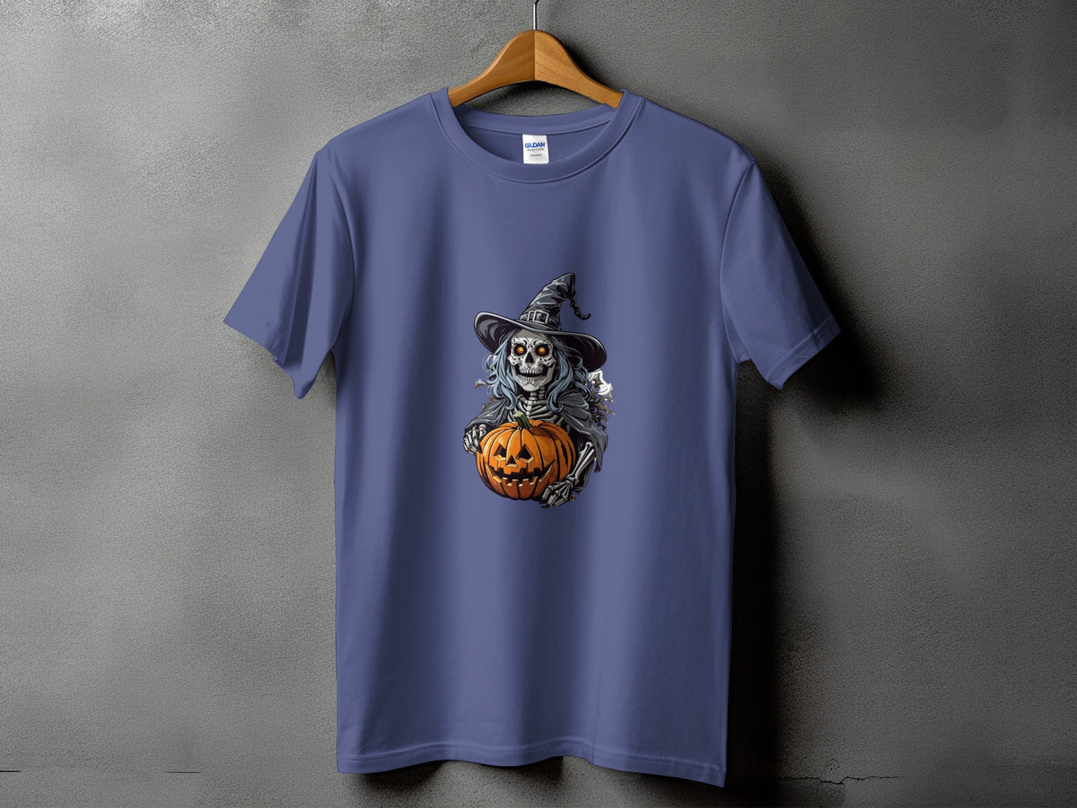 T-shirt with a skeleton wearing a witch hat and holding a jack-o'-lantern.