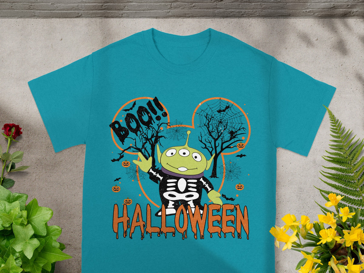 Toy Story alien in skeleton costume on Halloween themed shirt with "BOO!!" and "HALLOWEEN".