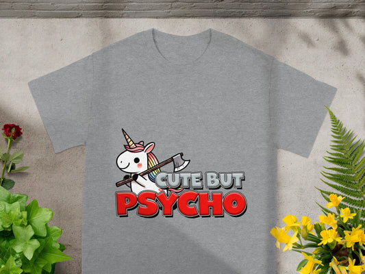 Cute But Psycho Unicorn Graphic Grey Shirt Product