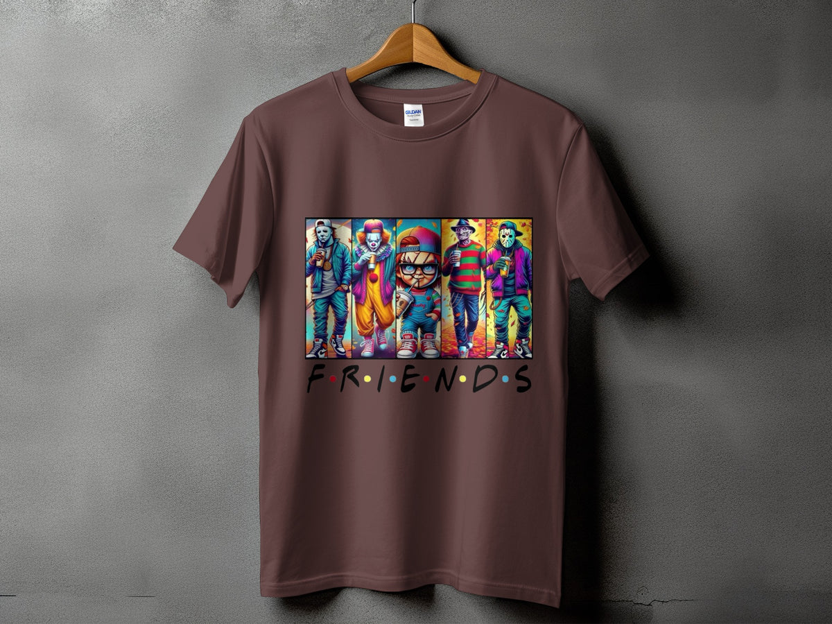 Horror characters in a Friends-style arrangement with text.