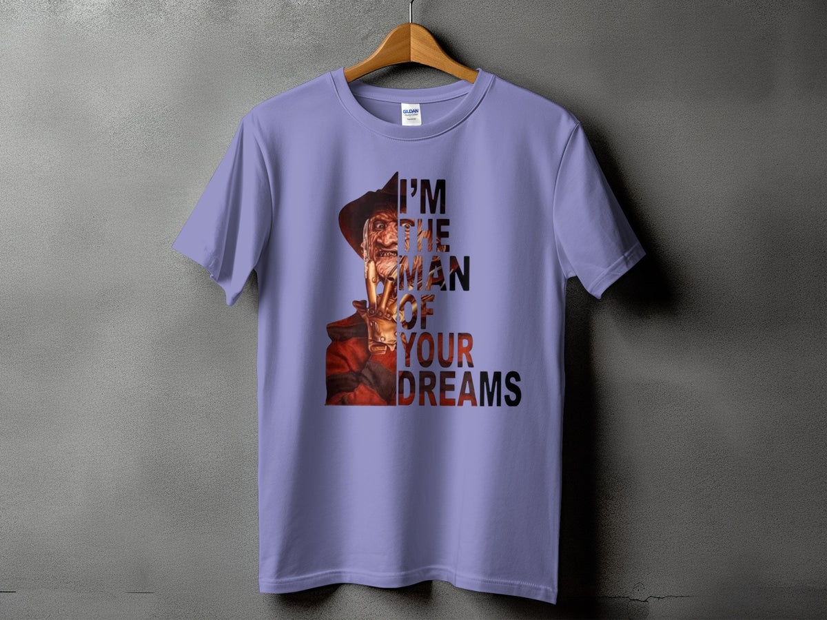 Purple t-shirt with Freddy Krueger and "I'm the man of your dreams" text.