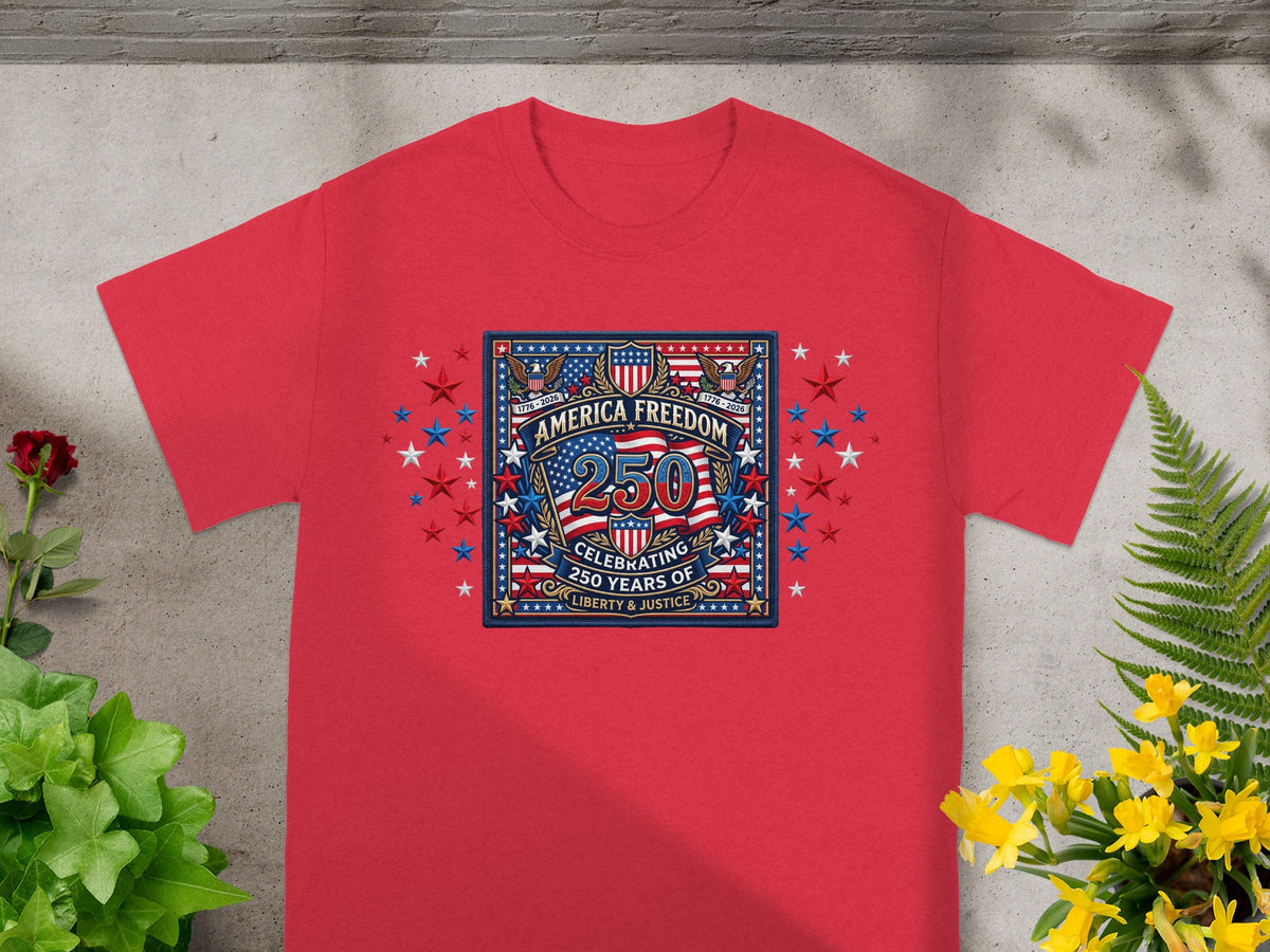 Red t-shirt with "America Freedom 250" celebrating 250 years of liberty and justice.