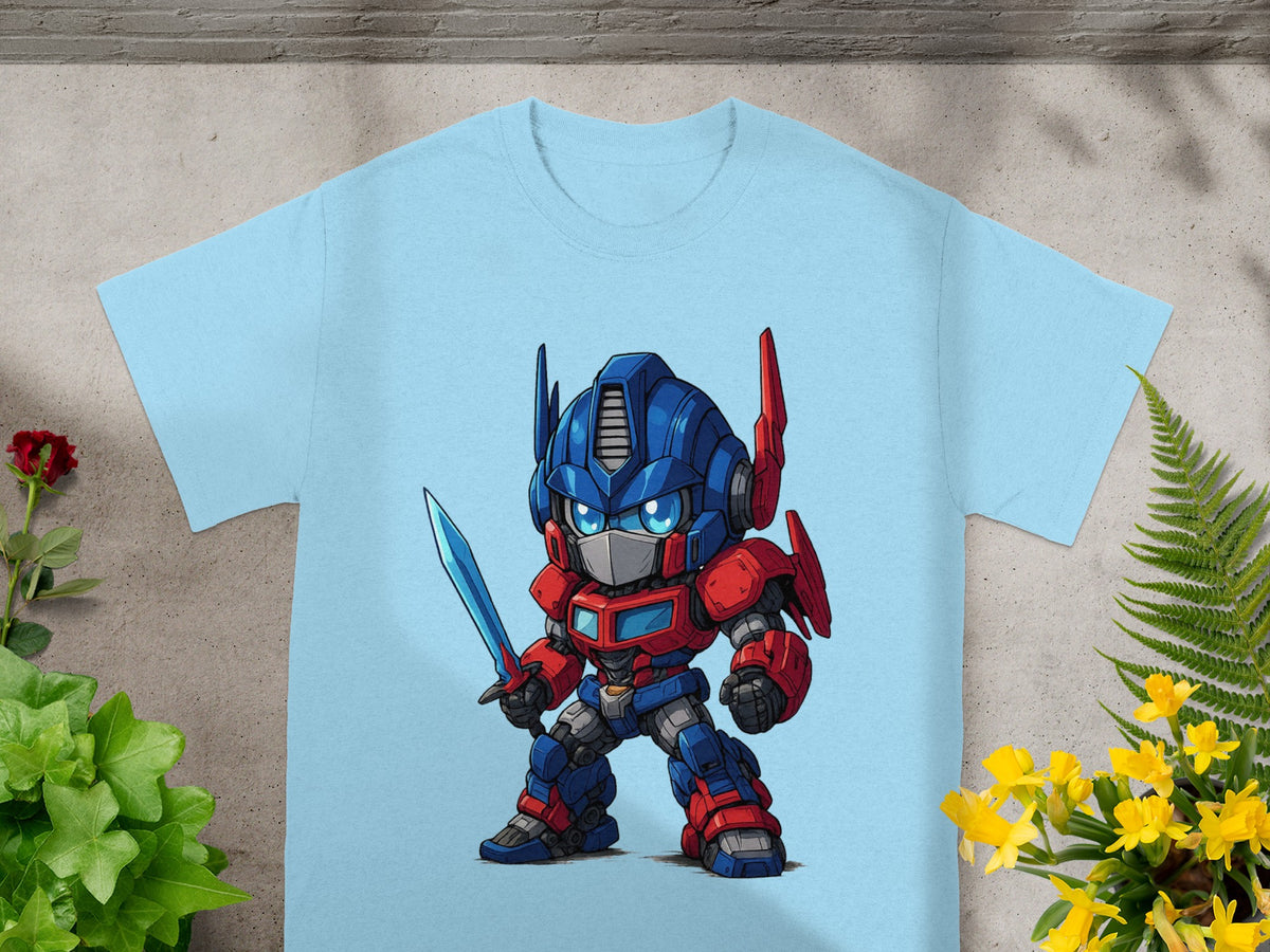 Light blue t-shirt with a cartoon Optimus Prime character holding a sword.