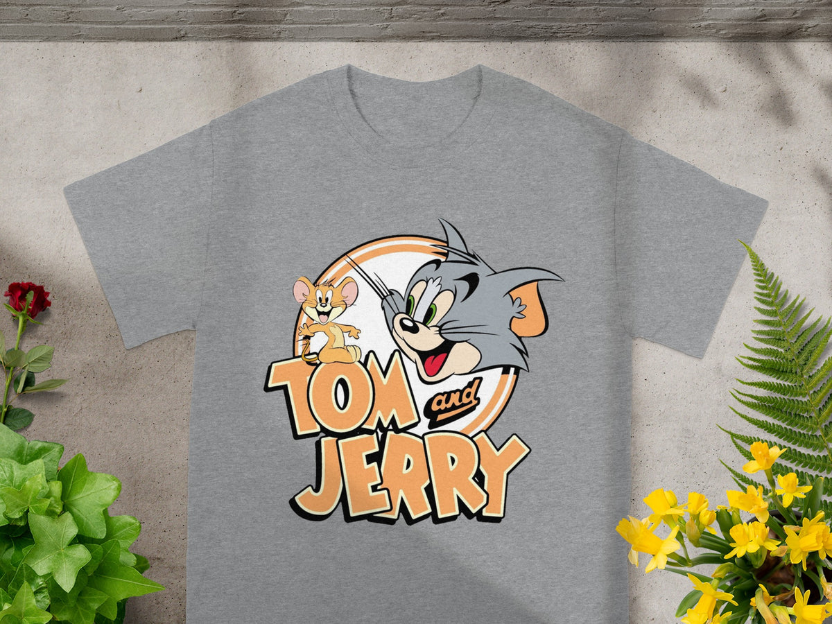 Gray t-shirt with Tom and Jerry cartoon characters and logo.