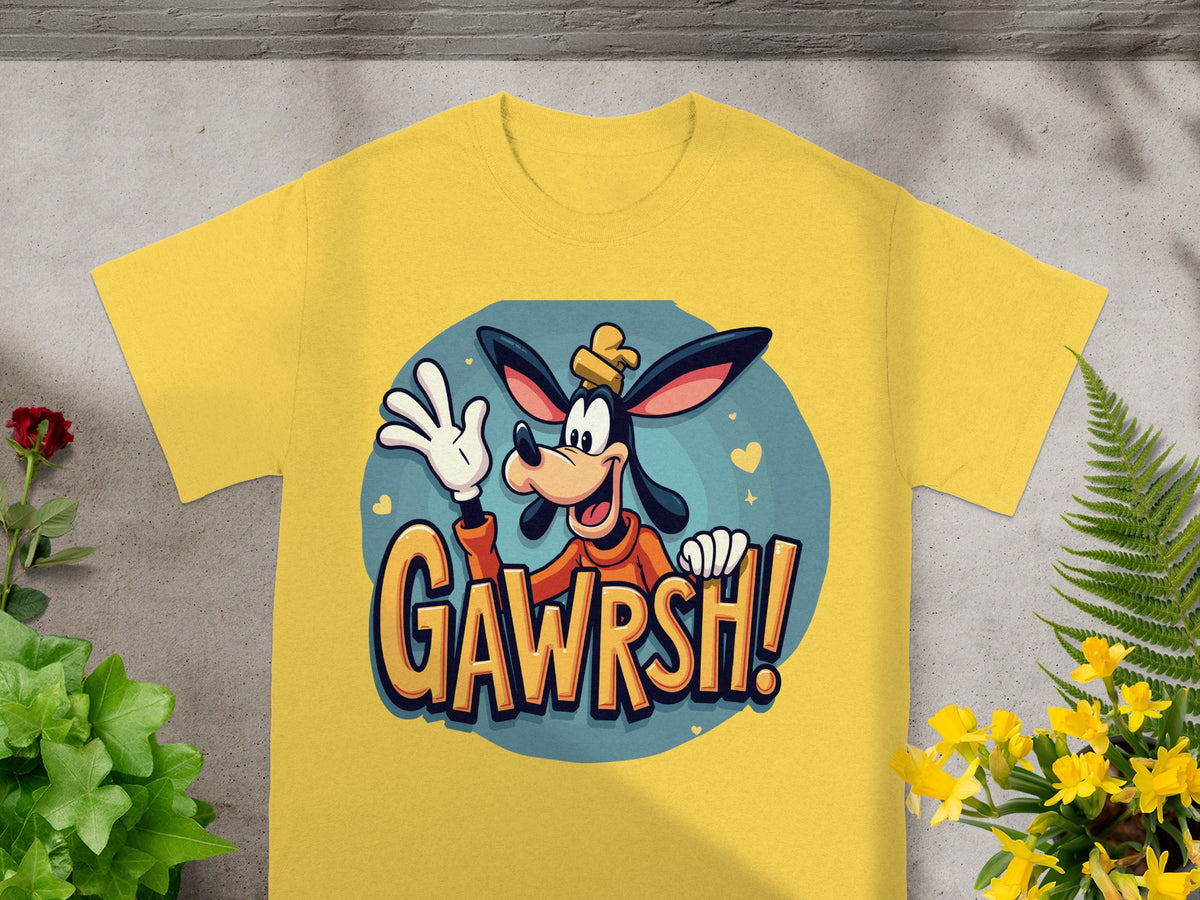 Yellow t-shirt with cartoon Goofy saying "GAWRSH!".