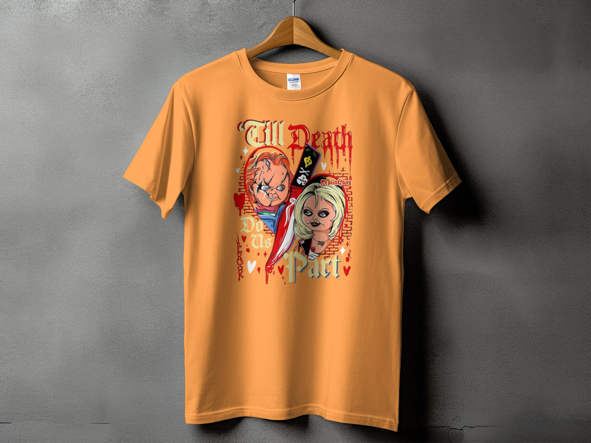 Orange t-shirt with Chucky and Tiffany dolls and "Till Death Do Us Part" text.