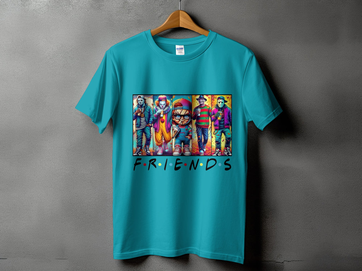 T-shirt with horror characters and Friends logo.