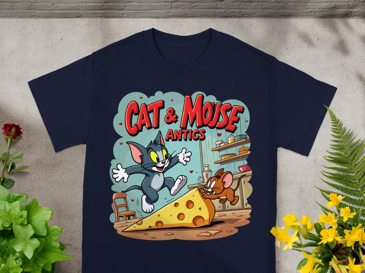 Tom and Jerry chasing cheese with "Cat & Mouse Antics" text.