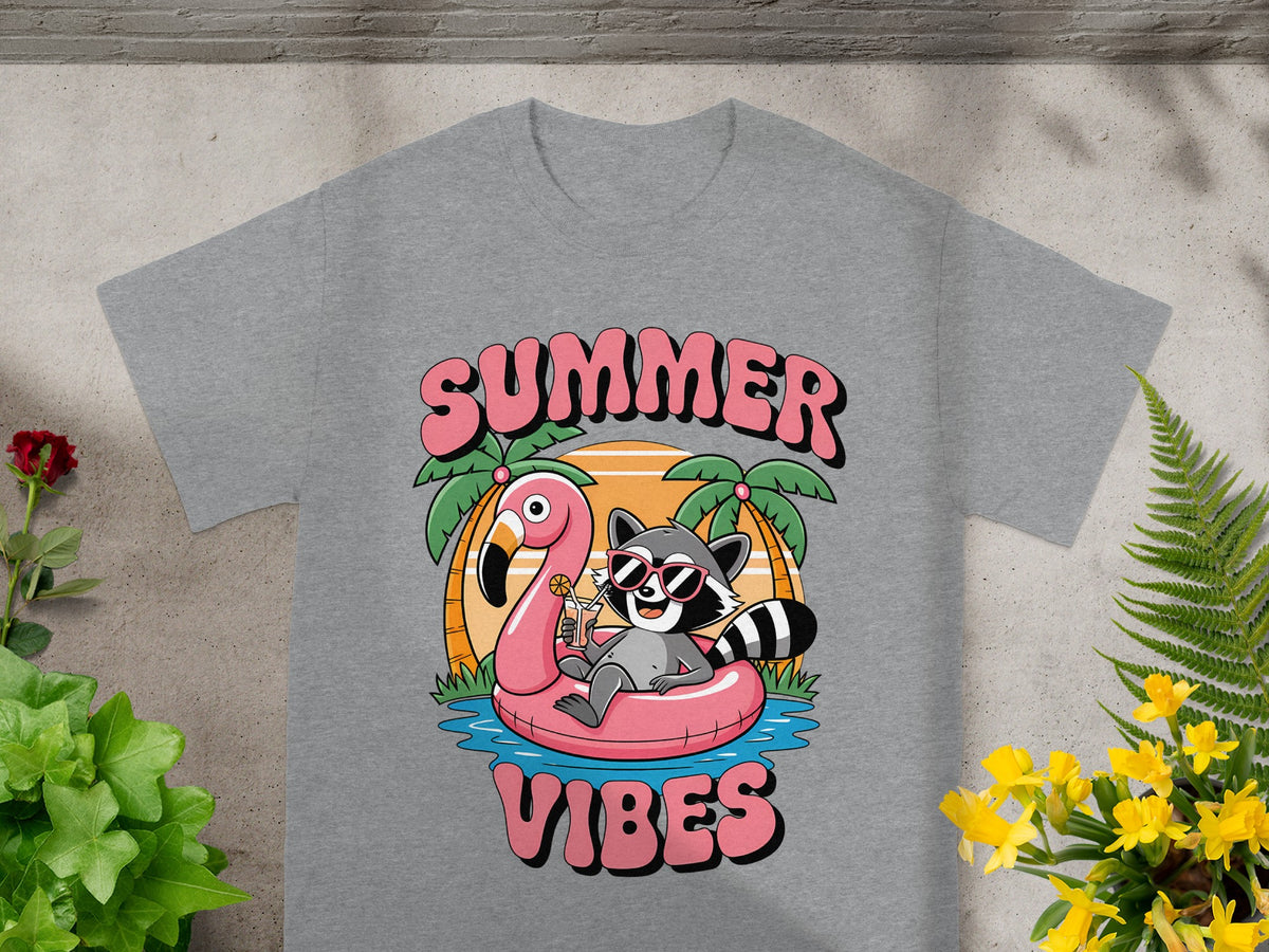 Grey t-shirt with "SUMMER VIBES" text and raccoon on flamingo float.