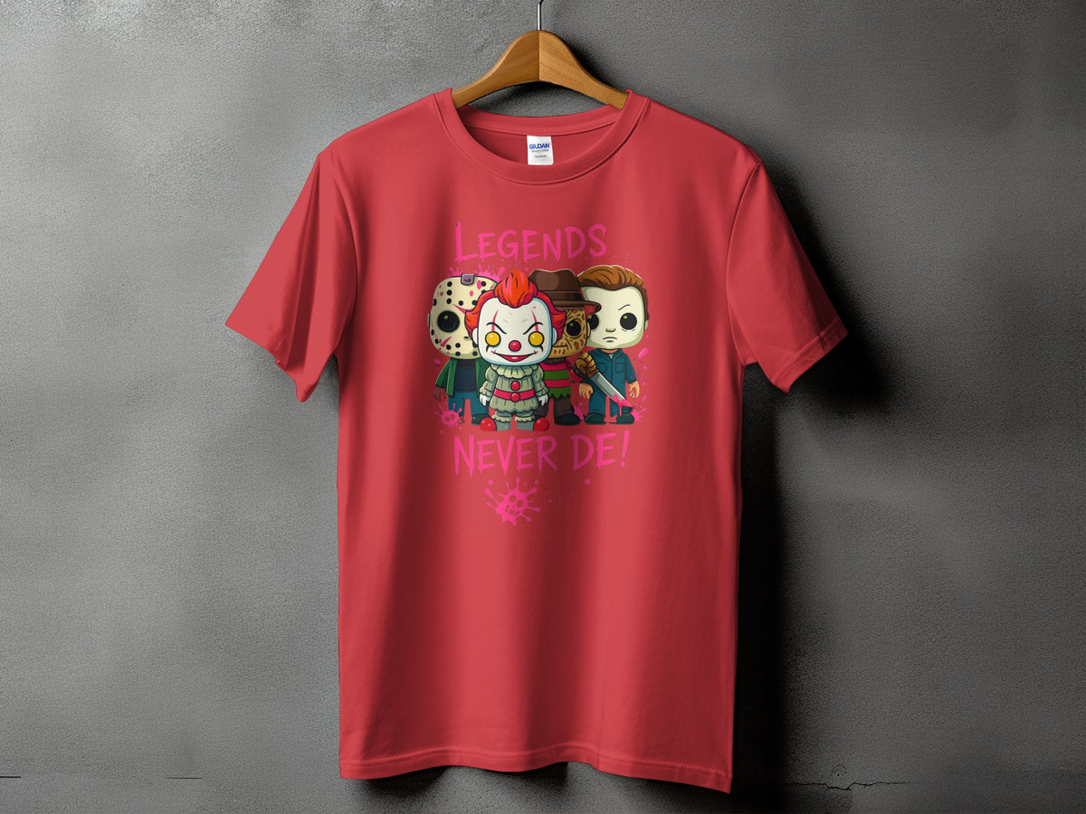 Red t-shirt with cartoon horror characters and text "LEGENDS NEVER DE!".