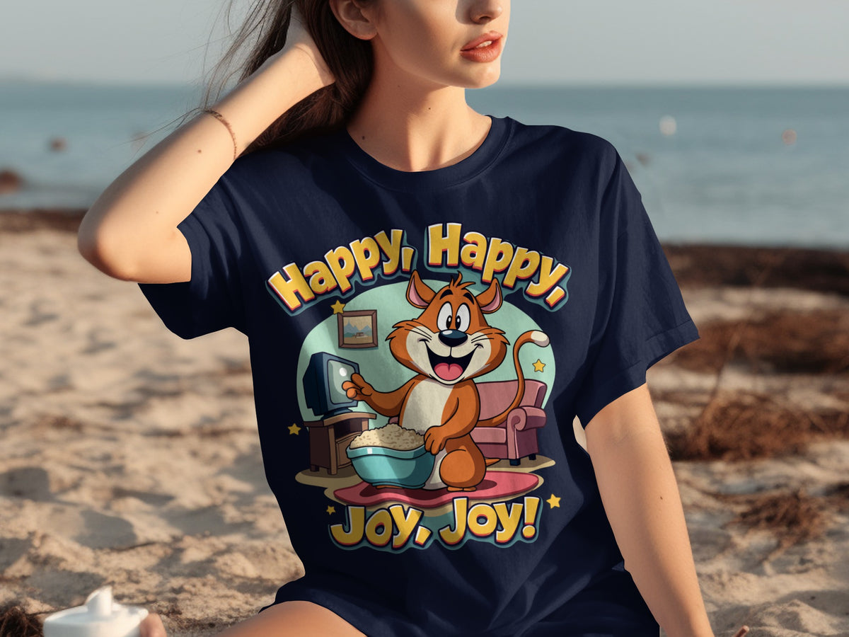 Happy Happy Joy Joy Cartoon Cat Graphic T-Shirt