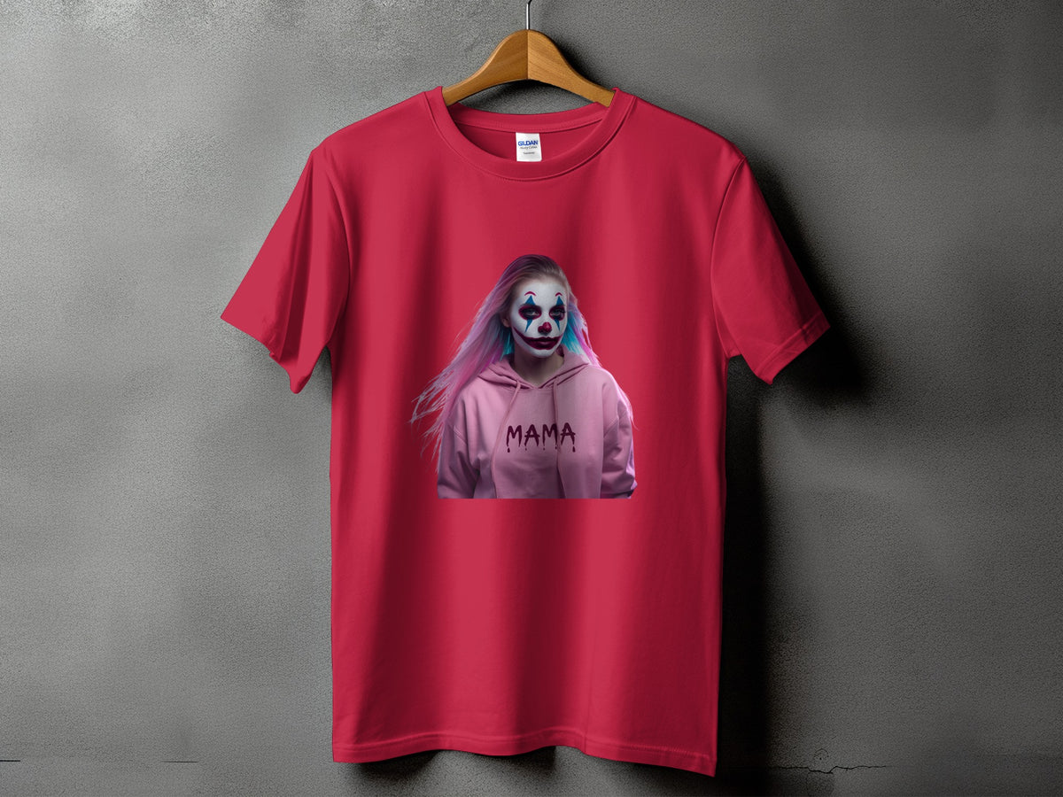 Red t-shirt with a graphic of a clown woman wearing a pink hoodie with "MAMA" text.