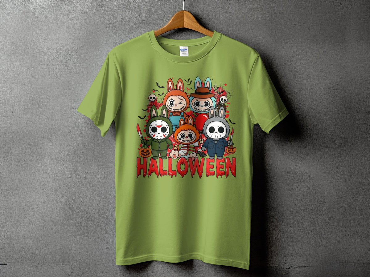 Green t-shirt with cartoon Halloween characters and the word HALLOWEEN.