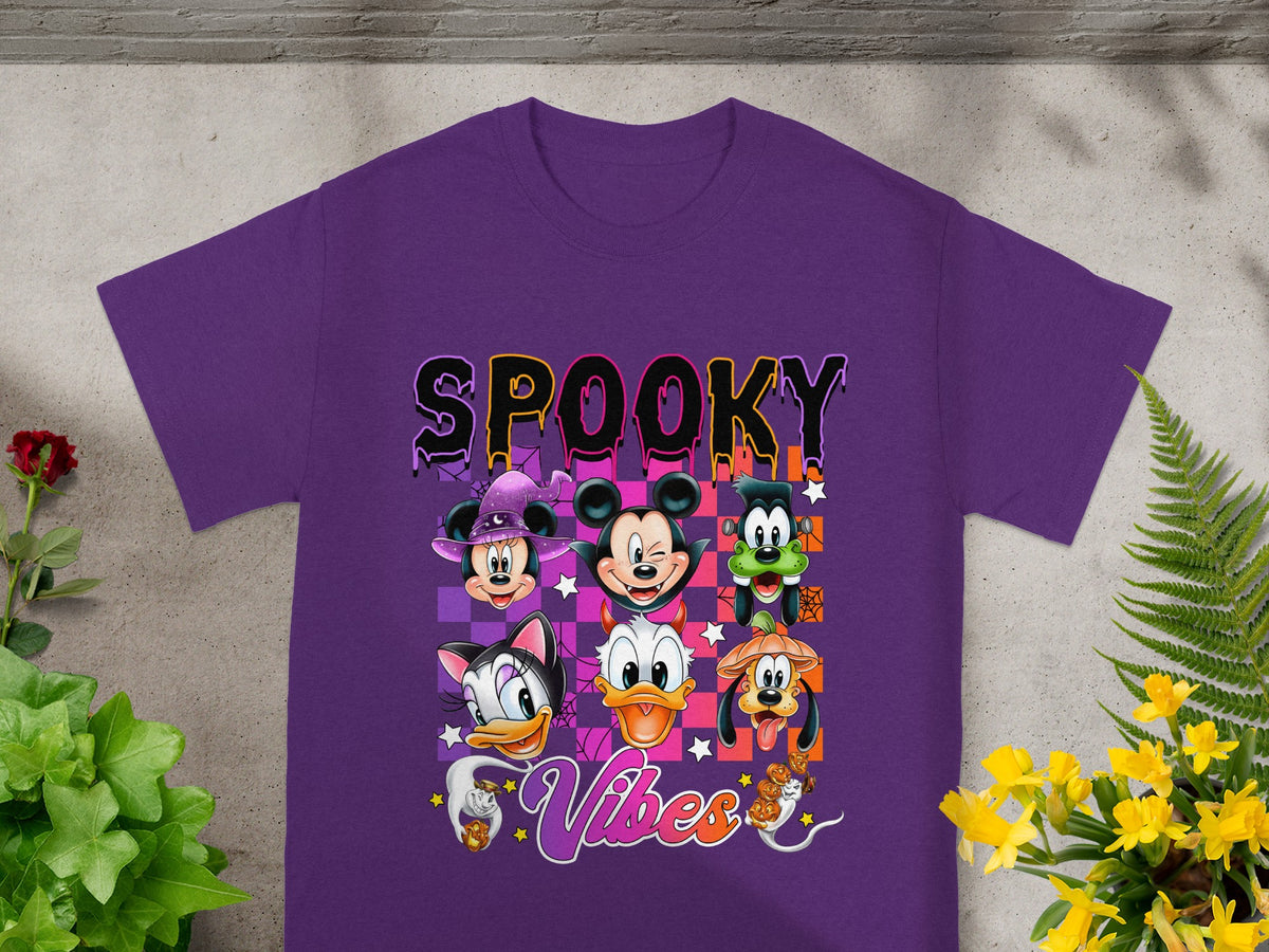 Purple t-shirt with "Spooky Vibes" and Disney characters in Halloween costumes.