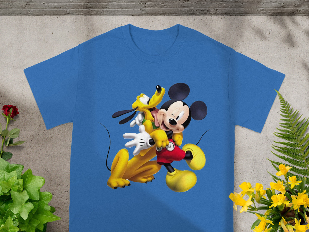 Blue t-shirt with Mickey Mouse and Pluto cuddling.