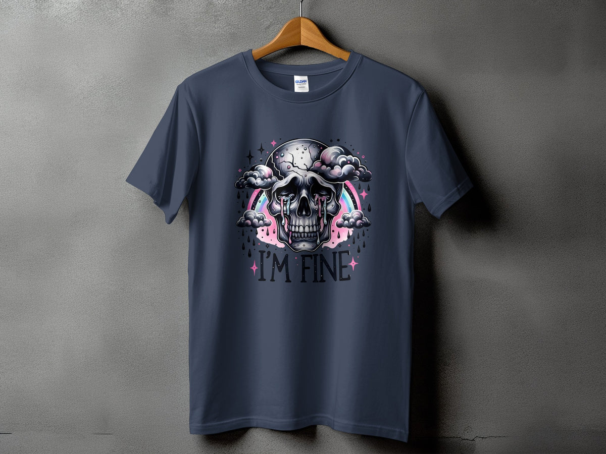 Dark blue t-shirt with a crying skull, rainbow, and "I'M FINE" text.